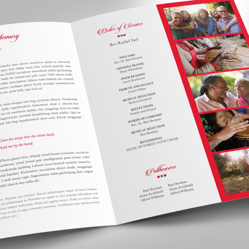 Remember Red Funeral Program Word and Publisher Tabloid Template has 8 pages. The red and black solid-colored shapes with beautiful typography make this a great keepsake. The Print Size is 17 x 11 inches, and the Bi-Fold Size is 8.5 x 11 inches.