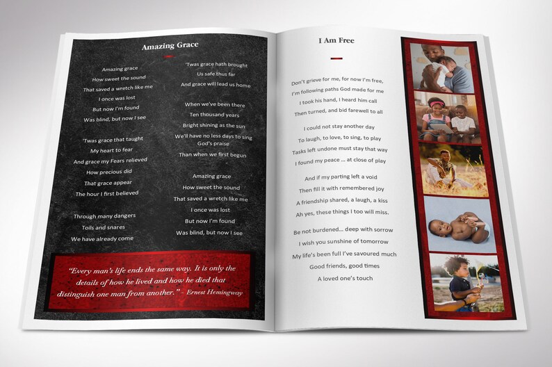 Red Rock Funeral Program Word and Publisher Template has 8 Pages. Black and Red Rock textures and a gradient are used for this rustic modern obituary template. The Print Size is 11 x 8.5 inches, Bi-Fold Size: is 5.5 x 8.5 inches.