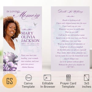 Modello di biglietto di preghiera funebre con rosa classica, Canva, viola pastello, celebrazione della vita, regalo ricordo digitale commemorativo per donne, 3x5"