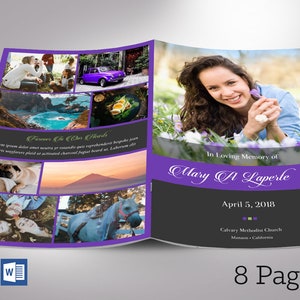 Remember Funeral Program Template, Purple Black Word Template, Publisher 8 Pages Celebration of Life 5.5x8.5 in image 1