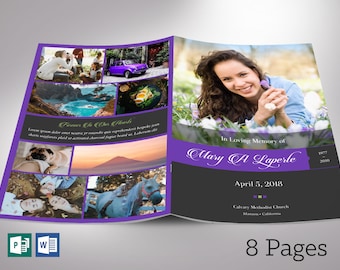 Remember Funeral Program Template, Purple Black | Word Template, Publisher | 8 Pages | Celebration of Life | 5.5x8.5 in