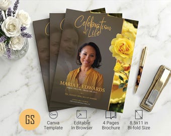 Yellow Rose Funeral Program Template | Canva: 4 Page Floral Bifold Obituary (8.5x11) Digital Download