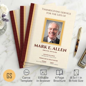 Legacy Funeral Program Template | Canva: Beige & Gold 4-Page Bifold Memorial Obituary (8.5x11) Digital Download