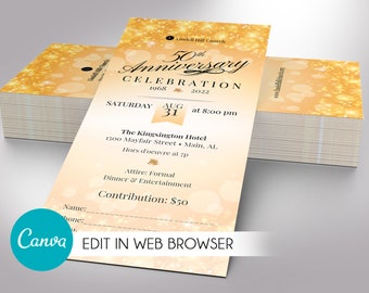 Church Anniversary Ticket Template, Canva Template | Gold and Silver | Pastor Anniversary, Birthday Party | 2 Sizes