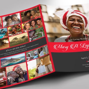 Remember Red Funeral Program Word and Publisher Tabloid Template has 8 pages. The red and black solid-colored shapes with beautiful typography make this a great keepsake. The Print Size is 17 x 11 inches, and the Bi-Fold Size is 8.5 x 11 inches.