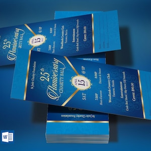 Blue Gold Anniversary Banquet Ticket Templates, Word/Publisher, Pastor Appreciation, Church Event, 3x7 in, Editable, Instant Download