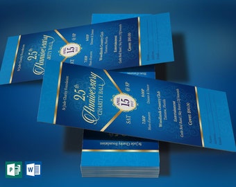 Blue Gold Anniversary Banquet Ticket Template | Word Template, Publisher, Pastor Appreciation, Church Event | 3x7 in