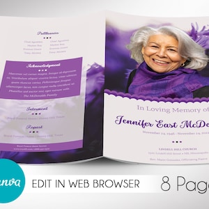 Plantilla de programa funerario morado fresco para Canva, en memoria amorosa, celebración de la vida, plantilla de obituario de mujeres, 8 páginas, 5,5 x 8,5 pulgadas
