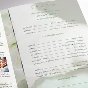 May include: A printed memorial service program, featuring a detailed order of service with headings like "Opening Hymn," "Prayer," and "Tribute." The text is in black and green on a white background, with floral accents.