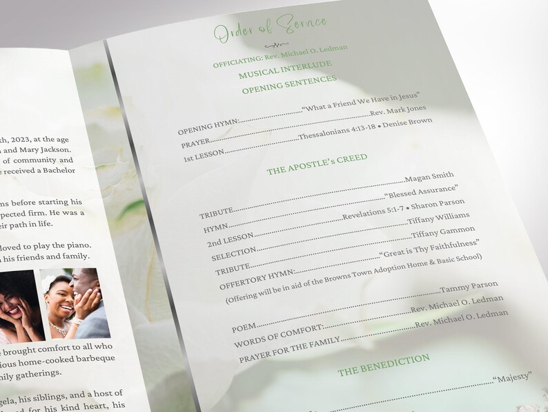 May include: A printed memorial service program, featuring a detailed order of service with headings like "Opening Hymn," "Prayer," and "Tribute." The text is in black and green on a white background, with floral accents.