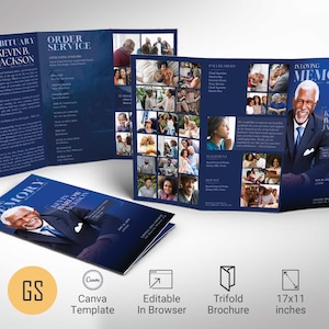 Blue Dawn Funeral Program Template: Trifold Obituary (Canva, 11x17 in, Digital Download)