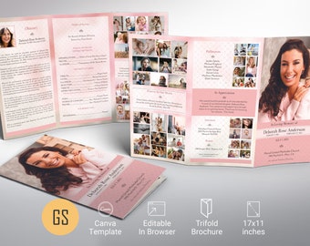 Glamour Tabloid Trifold Funeral Program Template, Canva Template | Celebration of Life, Obituary Program | 11x17 inches