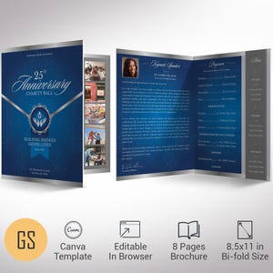 Blue & Silver Anniversary Gala Program Template: 8-Page Bifold (Canva Digital Download)