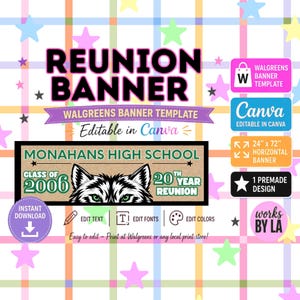 May include: A digital reunion banner template featuring a wolf illustration, the text Monahans High School, Class of 2006, and 20th Year Reunion. The design includes editable text, font, and color options, with a 24 inch by 72 inch horizontal banner format.