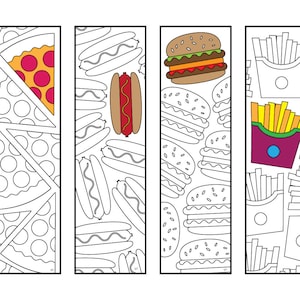 Fast Food Bookmarks - PDF Coloring Page - Pizza, Hotdog, Burger, Fries