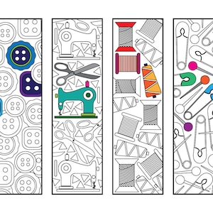 May include: Four colorful bookmark designs featuring sewing and tailoring themes. The first bookmark has a pattern of buttons in various sizes and colors. The second bookmark features a sewing machine, scissors, and triangles. The third bookmark has a pattern of spools of thread in various colors. The fourth bookmark has a pattern of safety pins in various sizes and colors.