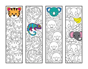 Cute Jungle Animal Bookmarks - PDF Coloring Page - Tiger, Chameleon, Koala, Elephant