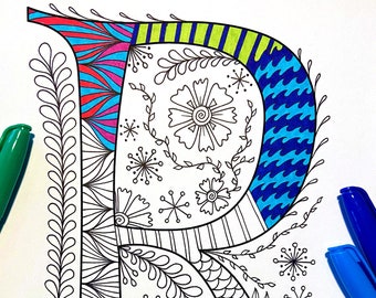 Page de coloriage lettre R floral rétro - Inspiré de la police "Mystery Quest"