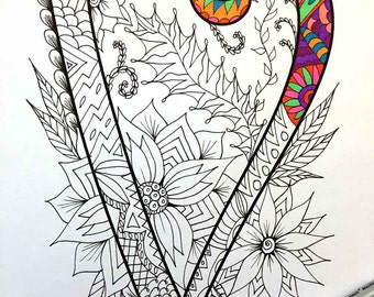 Letter V Zentangle - Inspired by the font "Harrington"