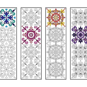 Op de afbeelding: Vier printbare bladwijzerontwerpen met ingewikkelde patronen in zwart en wit met kleurrijke accenten. De ontwerpen omvatten een blauw en turquoise bloemenpatroon, een roze en paars bloemenpatroon, een geel en oranje bloemenpatroon en een paars en blauw bloemenpatroon.