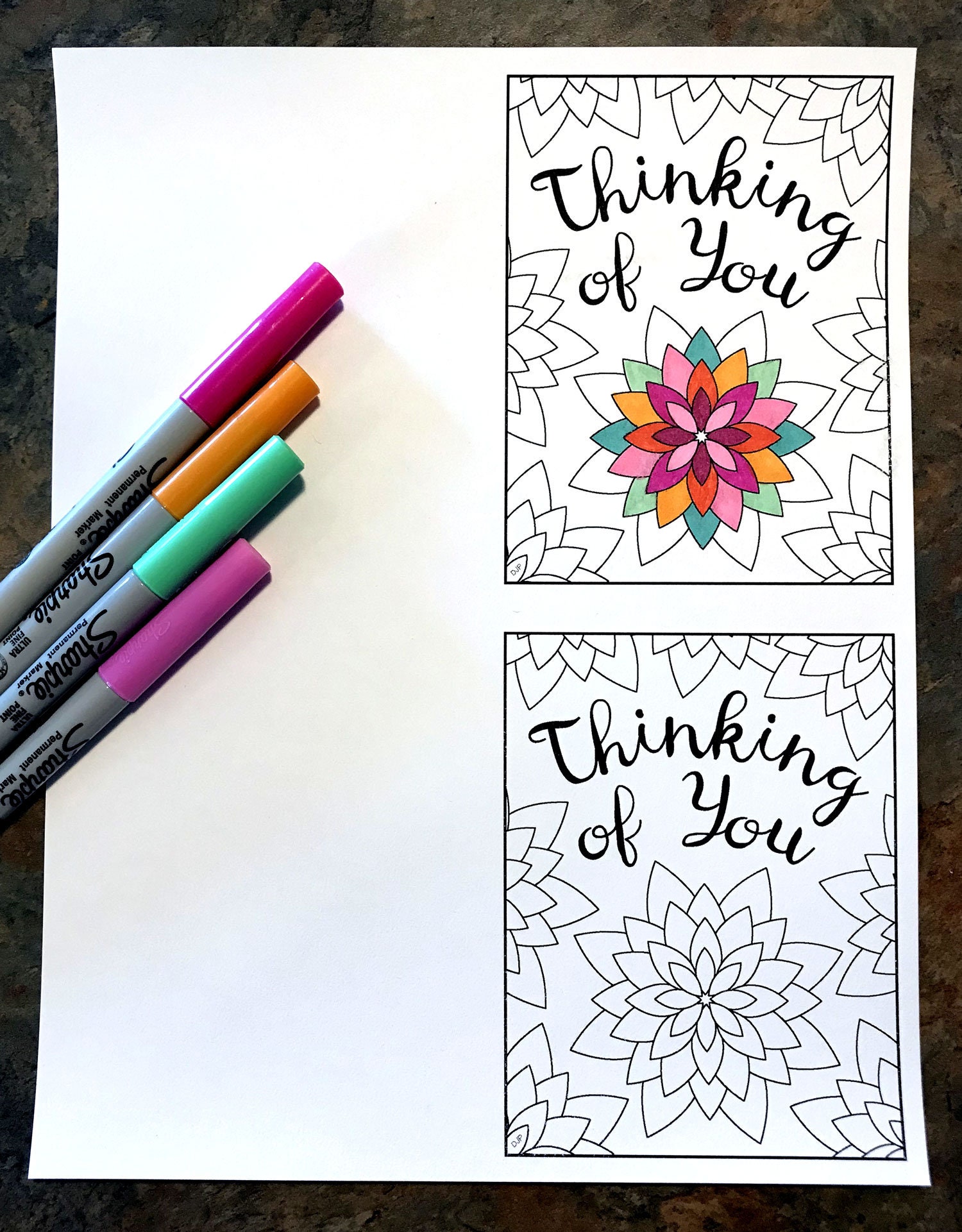 Thinking of You Card With Geometric Flowers - Printable PDF Coloring ...