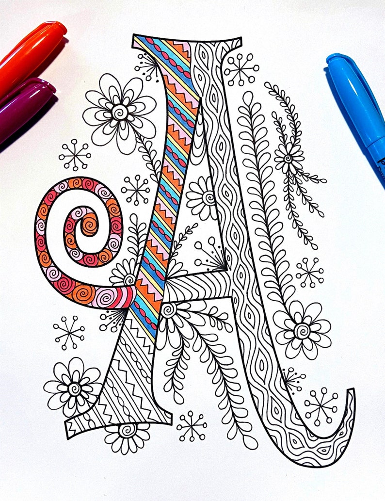 Retro Floral Letter A Coloring Page Inspired by the Font - Etsy