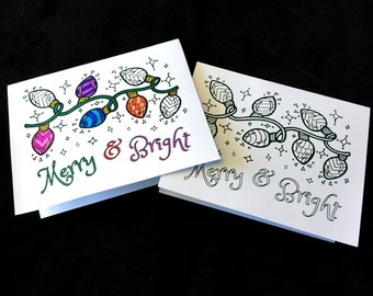 Merry & Bright Grußkarte mit Weihnachtsbeleuchtung - Printable PDF Malseite