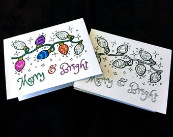 Carte de vœux joyeuse et lumineuse avec lumières de Noël - Page de coloriage PDF imprimable