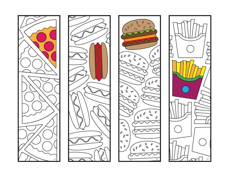 May include: Four printable bookmark designs featuring black and white outlines of food items. The designs include pizza, hot dogs, hamburgers, and french fries.
