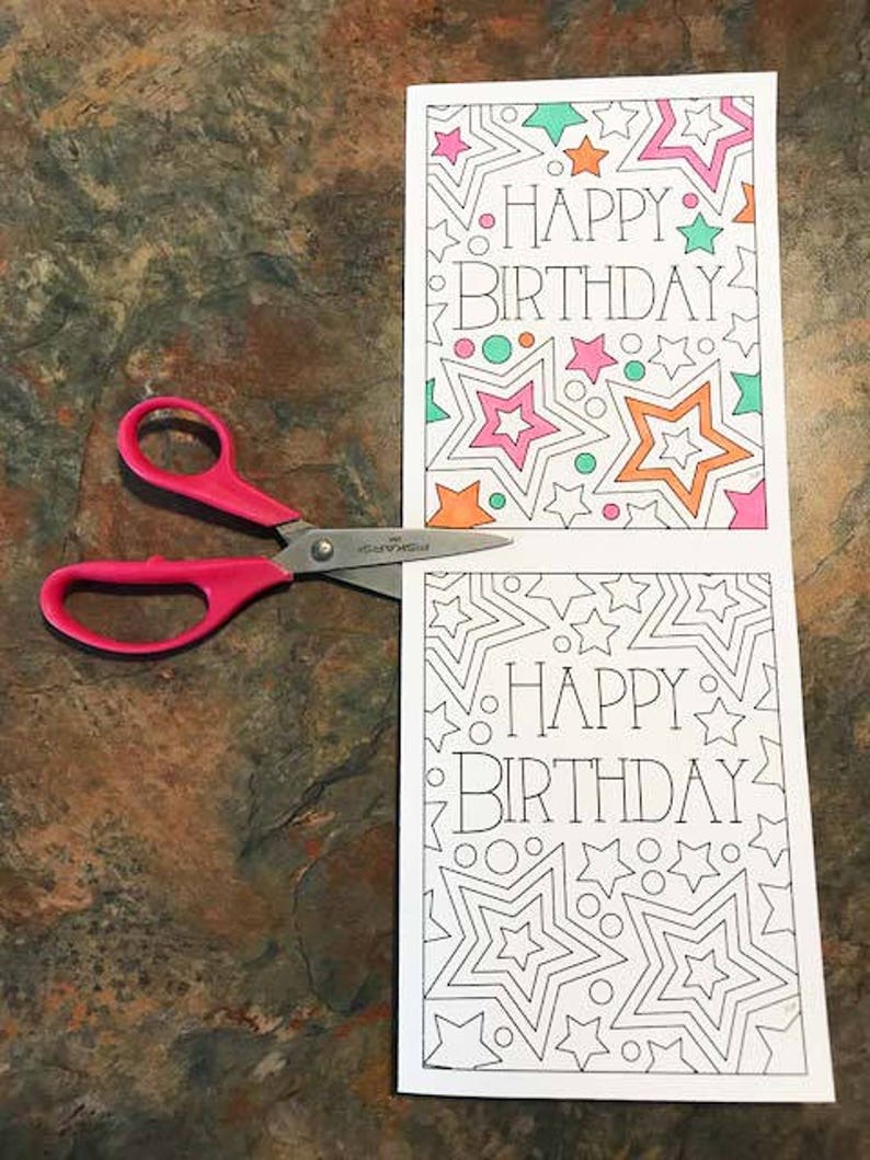 Happy Birthday Card With Stars Printable PDF Coloring Page | Etsy