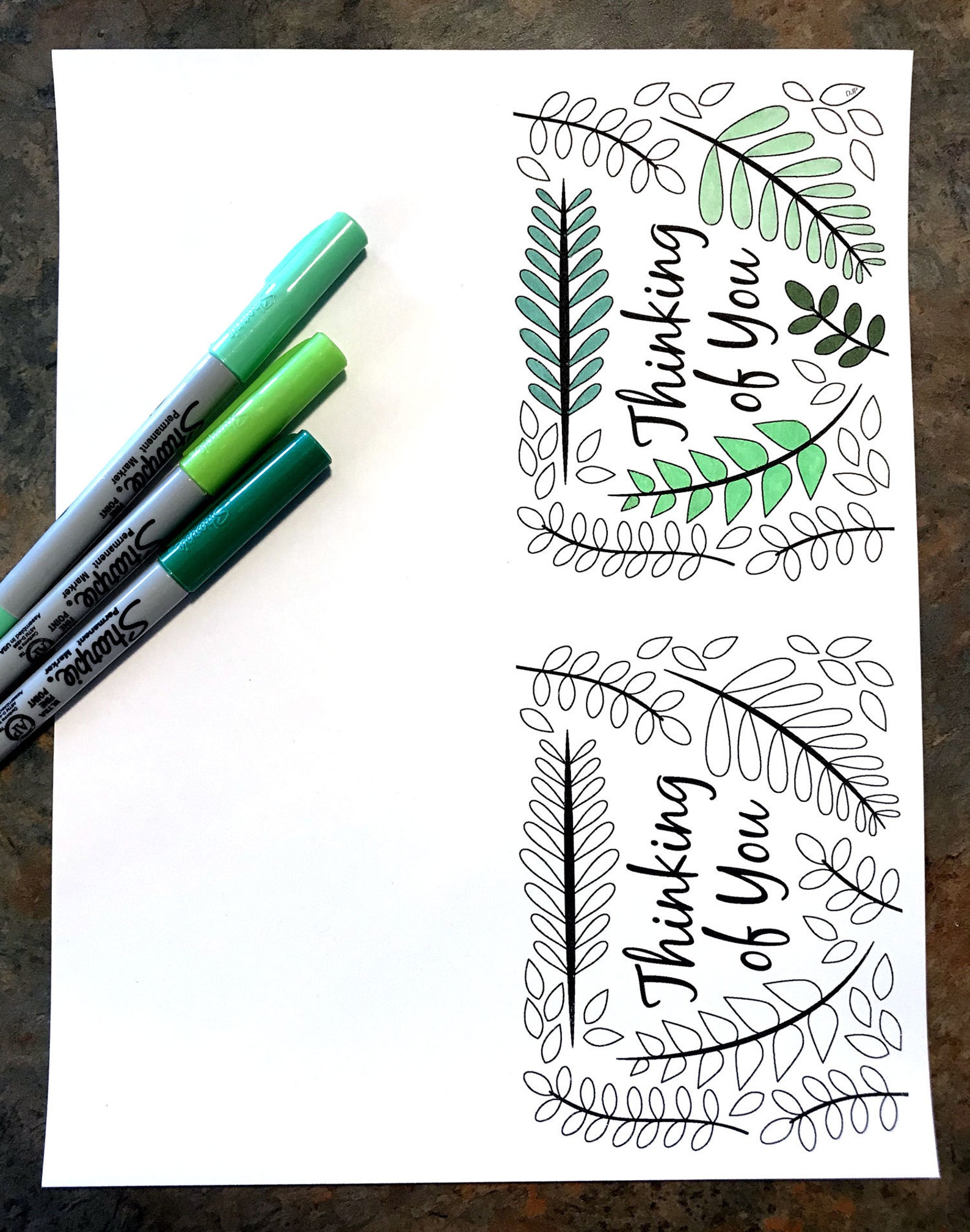 Thinking of You Card With Ferns and Leaves - Printable PDF Coloring ...