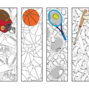 Sports Bookmarks - PDF Coloring Page - Football, Basketball, Tennis, Baseball
