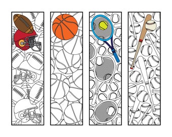 Sports Bookmarks - PDF Coloring Page - Football, Basketball, Tennis, Baseball