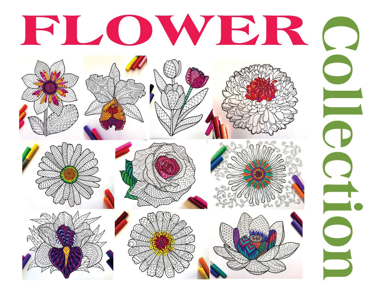 Flower Collection Set of 10 PDF Coloring Pages | Etsy
