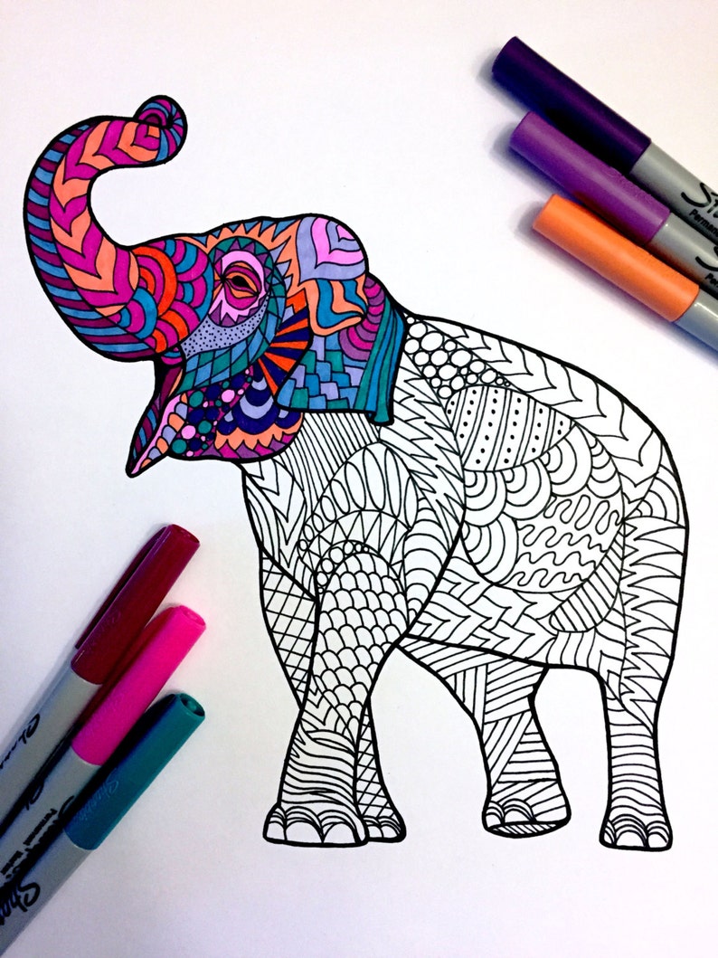 Asian Elephant PDF Zentangle Coloring Page | Etsy