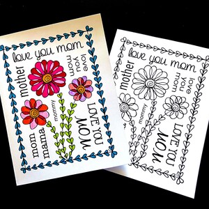 Cartão de Dia das Mães com Flores e Folhas Desenhadas - Página para Colorir em PDF para Impressão