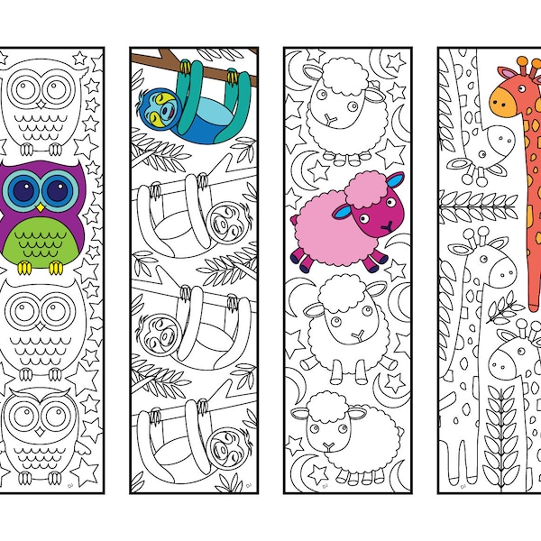 Cute Animal Bookmarks 2 - PDF Coloring Page - Owl, Sloth, Sheep, Giraffe