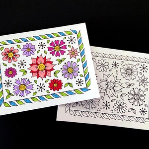 Cartão de felicitações de flores e folhas - cartão em branco para todas as ocasiões - página para colorir em PDF para impressão