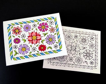 Flowers and Leaves Greeting Card - Blank, All-Occasion Card - Printable PDF Coloring Page