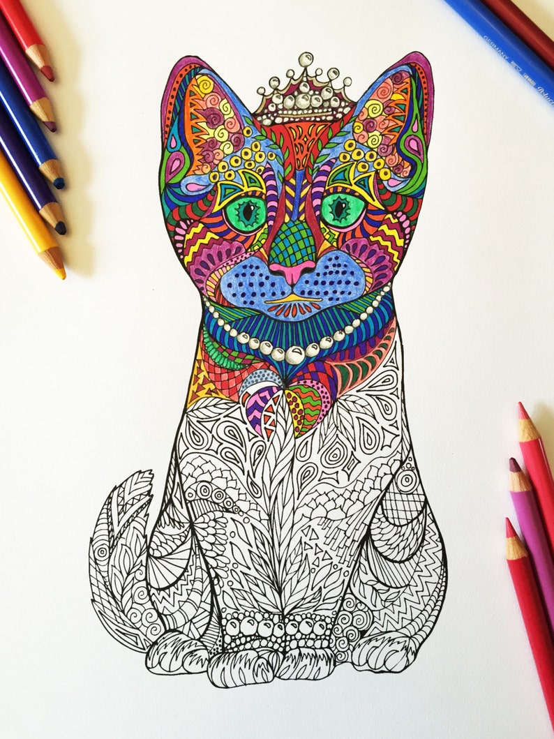 Kitten in Pearls PDF Zentangle Coloring Page | Etsy