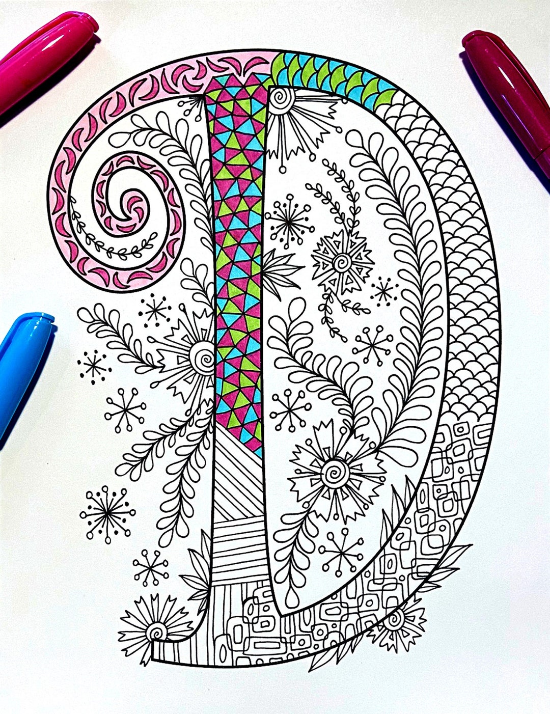 Retro Floral Letter D Coloring Page Inspired by the Font - Etsy