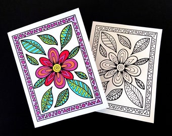 Drawn Flower and Leaves Greeting Card - Blank, All-Occasion Card - Printable PDF Coloring Page