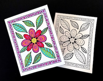 Drawn Flower and Leaves Greeting Card - Blank, All-Occasion Card - Printable PDF Coloring Page