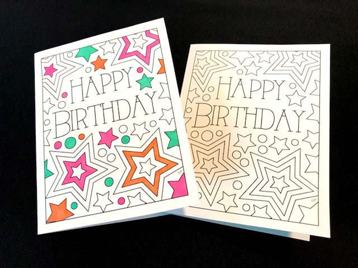 Happy Birthday Card With Stars Printable PDF Coloring Page - Etsy