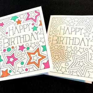 Happy Birthday Card with Stars - Printable PDF Coloring Page