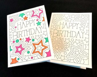 Happy Birthday Card with Stars - Printable PDF Coloring Page