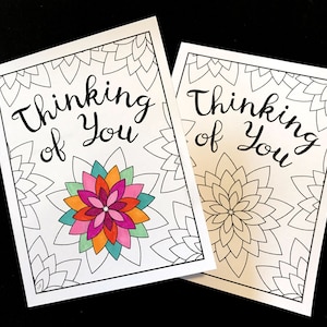 Carte Je pense à vous avec des fleurs géométriques - Page de coloriage PDF imprimable