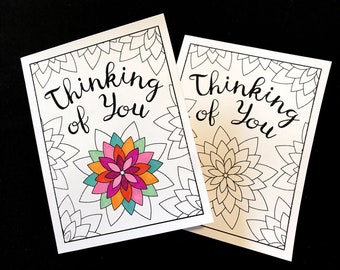 Thinking of You Card with Geometric Flowers - Printable PDF Coloring Page