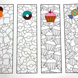 May include: Four printable bookmark designs featuring a variety of sweet treats. The designs include a popsicle, a doughnut, a cupcake, and a sweet. Each design is surrounded by a pattern of the same treat.