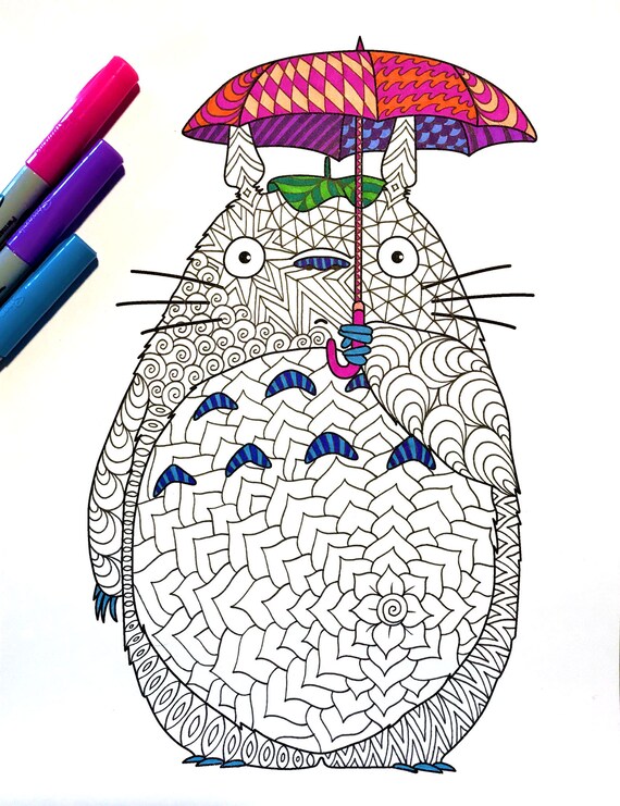 Totoro With Umbrella Pdf Zentangle Coloring Page Etsy